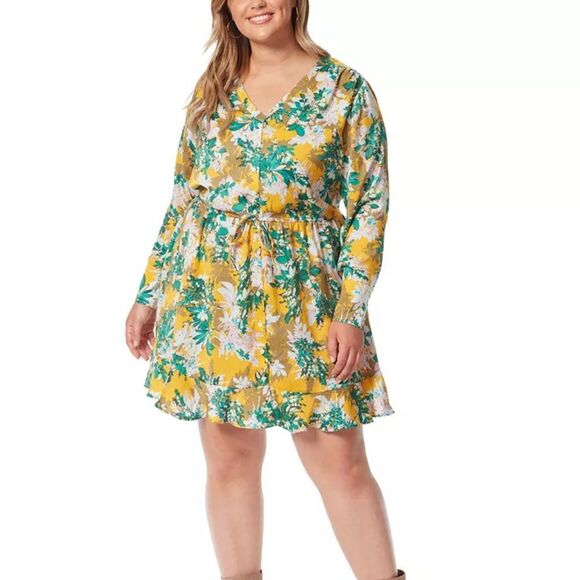 JESSICA SIMPSON Shiloh Satin Dress Yellow Floral Print Golden Rod Sz 2X NWT - Picture 1 of 11